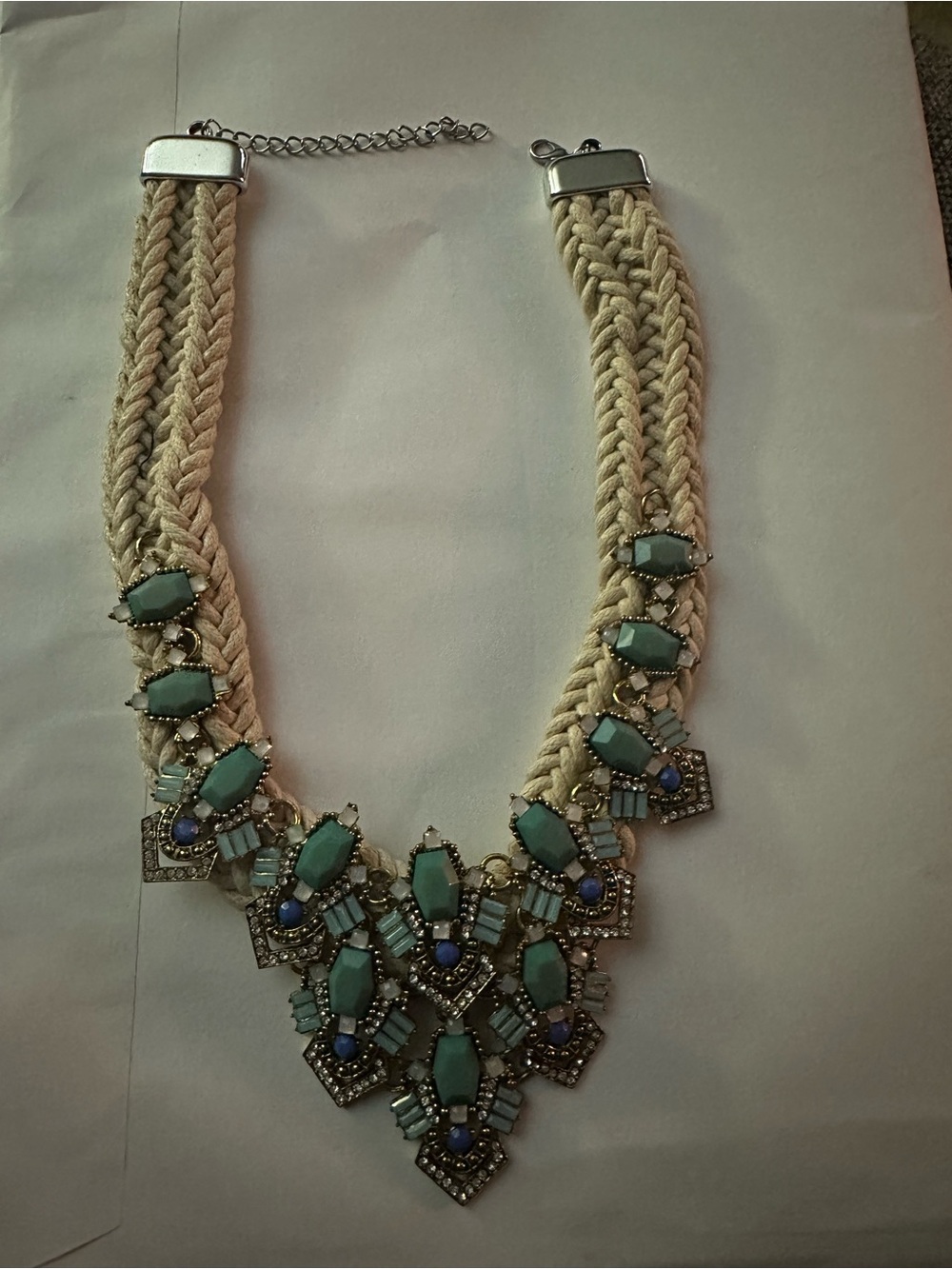 Cream Braided Necklace with Aqua Gemstone Accents